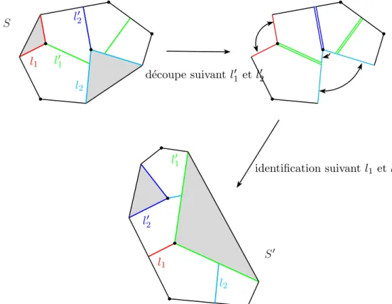Figure 2.5 – Le polygone S est d´ ecoup´ e suivant les g´ eod´ esiques l ′ 1 et l ′ 2 , puis recoll´ e le