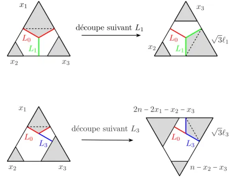 Figure 2.18 – Polygones et param´ etrages obtenus apr` es d´ ecoupe suivant une autre g´ eod´ esique, ici L 1 ou L 3 .