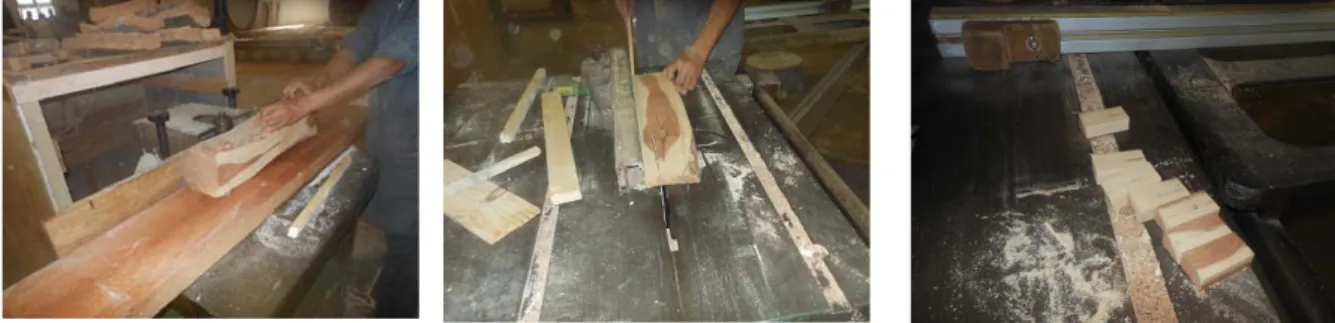 Figure II-3. Etapes de préparation des éprouvettes de bois de cèdre de l’Atlas  II-1-2-1-4 Bois du pin sylvestre 