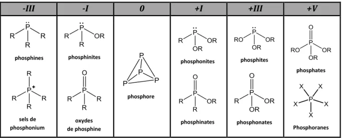 Tableau 1 : degrés d’oxydation du phosphore et nomenclature des dérivés du phosphore.