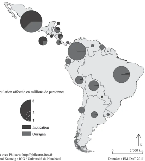 Figure 3 : Carte de la population affectée par les catastrophes naturelles (Source : EM-DAT 2011)  L’Amérique centrale a vécu le passage de nombreux ouragans comme « Mitch » qui a atteint le  Nicaragua et le Honduras en 1998 et « Stan » qui a frappé le Mex