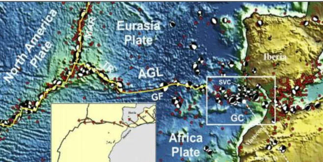 Figure 2.1  plate tectonic interactions between the southern Eurasia and the North Africa plates with the main 
