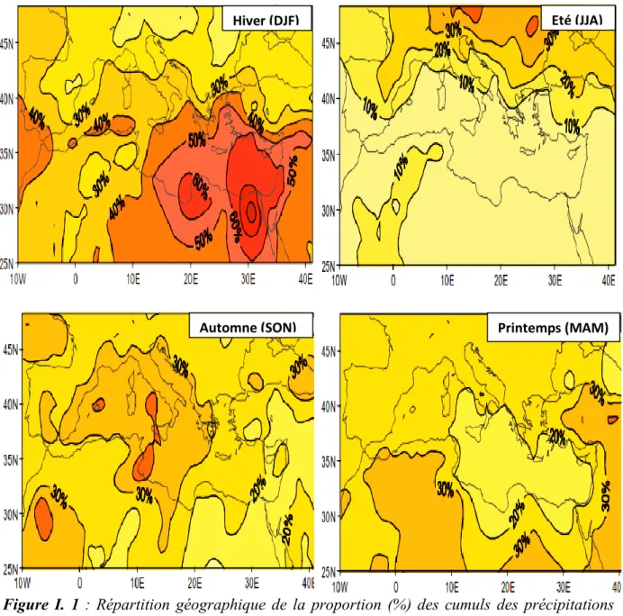 Figure  I.  1  :  Répartition  géographique  de  la  proportion  (%)  des  cumuls  des  précipitations 