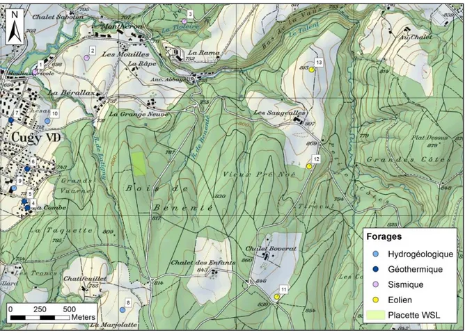 Figure 5: Emplacement des forages dans les bois du Jorat et objectifs visés. Modifié d’après map.geo.admin.ch