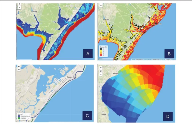 FIGURE 6 | NJcoast visualization options for SHP Tool outputs: (A) Storm surge heat map, (B) Storm surge contours, (C) Total run-up contours, and (D) Wind speed heat map.