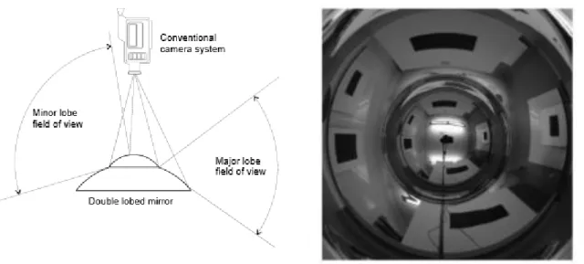 Figure 3-14 : Système stéréoscopique à miroir sphérique. (a) Deux miroirs  sphériques associés à une caméra perspective