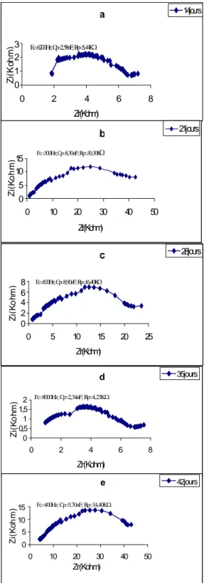 Figure 9 (a, b, c, d, et e) : Evolution de l’impédance de la première feuille de Potiron en fonction de l’âge