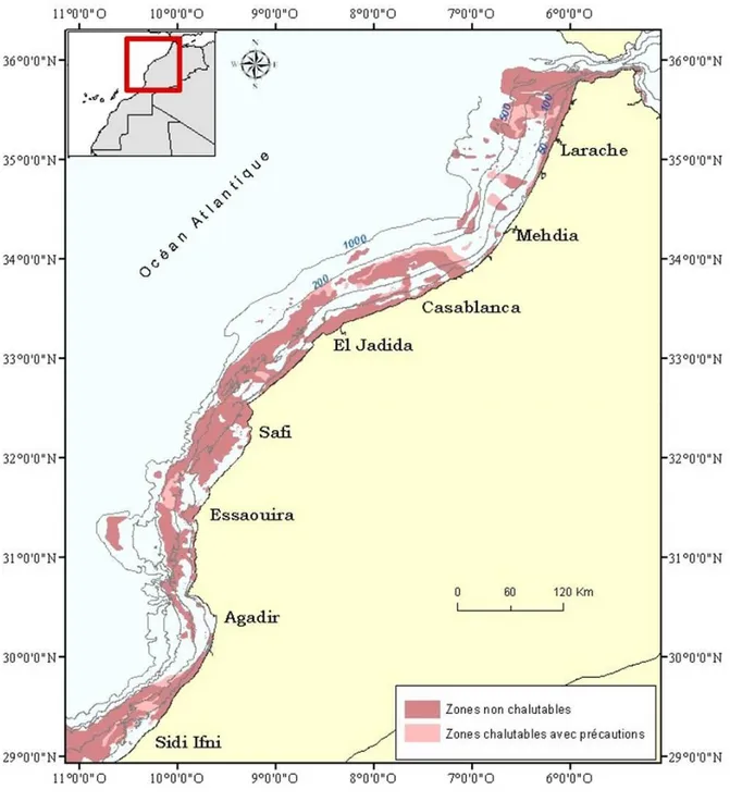 Figure 2. Carte de la nature de fond et la bathymétrie de la zone, les informations sur 