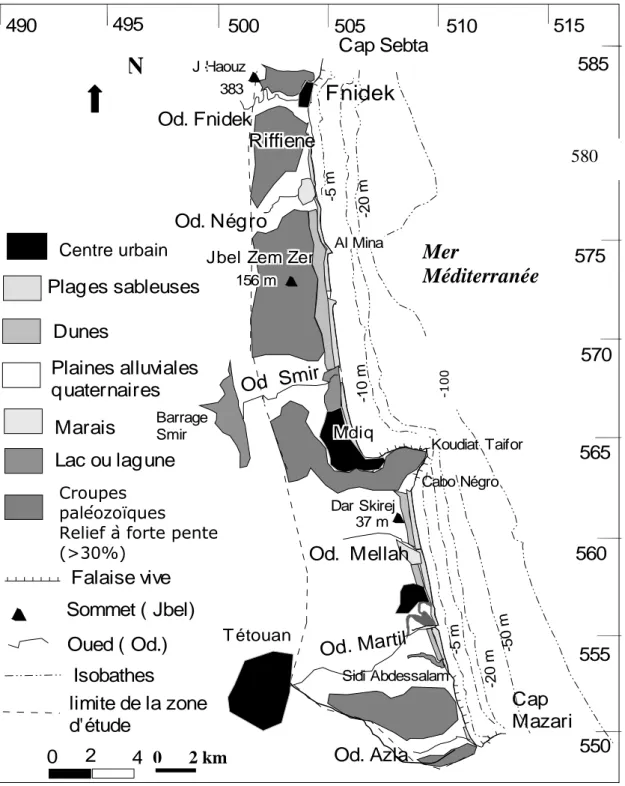 Figure  I.14 :  Carte  géomorphologique  et  bathymétrique  du  littoral  de  Tétouan