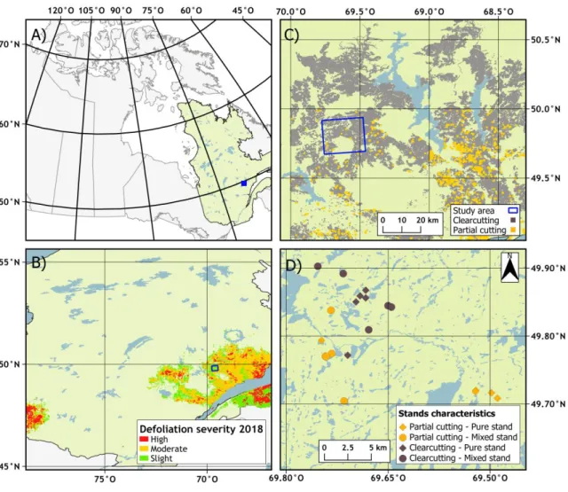 Figure 2.1. (A) Study area in the province of Quebec, Canada; (B) SBW defoliation severity in  2018 based on aerial survey data (MFFP 2018a) in the North Shore region of Quebec; (C)  Harvesting methods used in the study area (MFFP 2018b); (D) Location of experimental plots; 