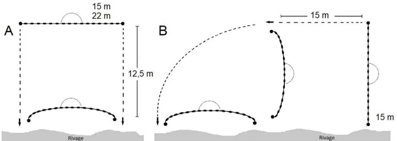 Figure 1 : Techniques de seine utilisées en combinaison avec différentes longueurs de seine  afin de déterminer la combinaison optimale pour le suivi des poissons fourrages littoraux  du lac Saint-Jean