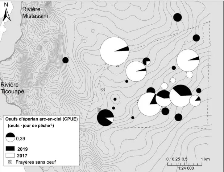 Figure 4 : Répartition spatiale de l’abondance des œufs d’éperlan arc-en-ciel (œufs ∙ jour de pêche -1 ) sur 