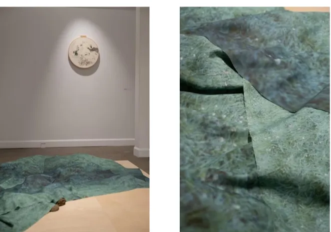 Figure 11-12 : Printemps/Hivernie, photographies argentiques imprimées sur lin, pierres,  coussins en toiles brutes rembourrés, 243 x 243 cm, 2018