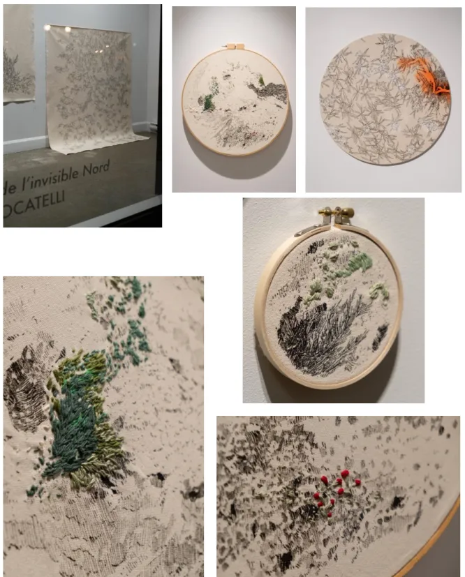 Figure 15-20 : Série Flore, encre de Chine, peinture aérosol et broderies sur toile, formats  variés, 2018-2020