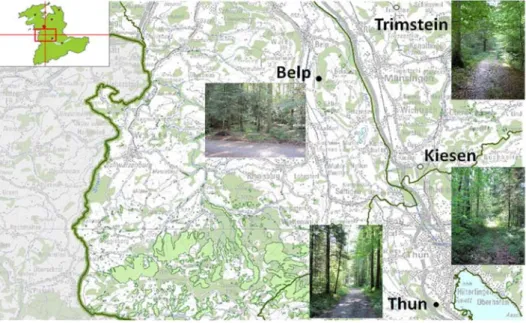 Figure 9 :  Localisation des sites d’étude dans le  canton de  Berne.  Les points noirs représentent  les foyers de TBE connus tandis que les points blancs représentent les sites non reconnus comme  foyers de TBE
