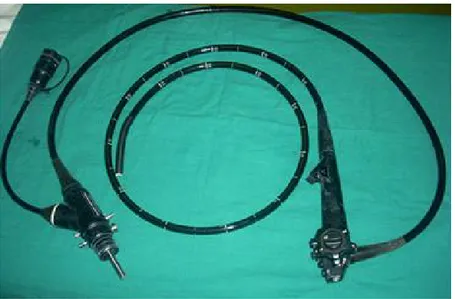 Figure  3 : coloscope avec leur système de branchement sur la console vidéo ( service de  Gastroentérologie du CHU HASSAN II de Fès ) 