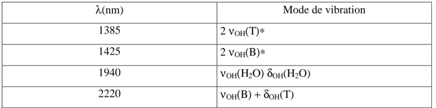 Tableau 7 : Attributions des bandes des groupements OH dans le domaine du PIR [25] 