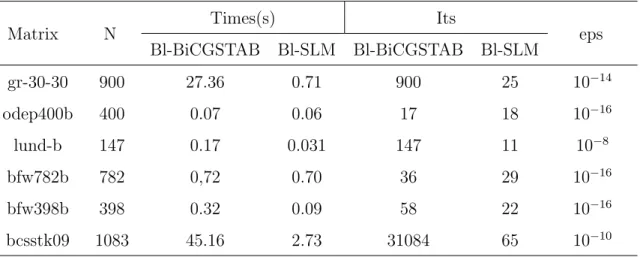 Table 3 Matrices et r´esultats num´eriques de Bl-SLM et Bl-BiCGSTAB