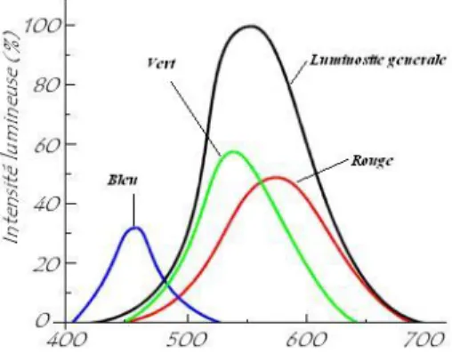 Fig. 1.3 – Représentation de la Sensibilité de l’œil humain aux trois couleurs primaire.