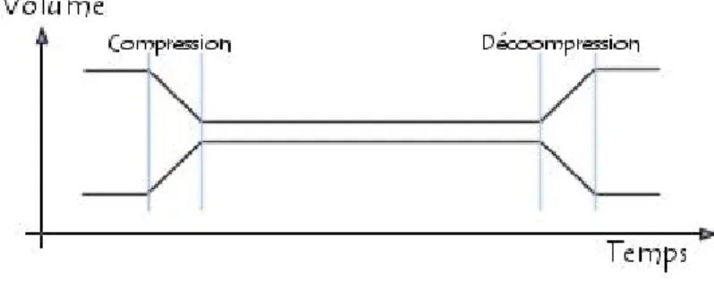 Fig. 2.1 – Evaluation en temps de calcul et en volume, de la compression symétrique.