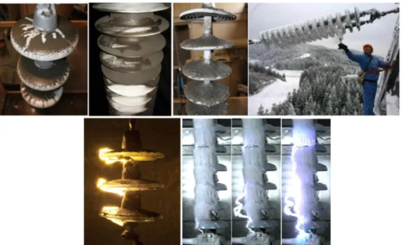 Figure 1. Pollution and ice accumulation on various insulators’ surfaces and the resulted flashover [3-5]