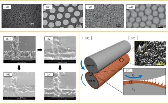 Figure 1.9. SEM images of (a1) the PS breath figure (BF) film with a pore size of 2.0 µm used to fabricate a  micropatterned PS template film; (a2) micropatterned PDMS films replicated on the PS honeycombed  template with a pore size of 2.5 µm; (a3) closely packed layers of monodispersed silica particles having a 