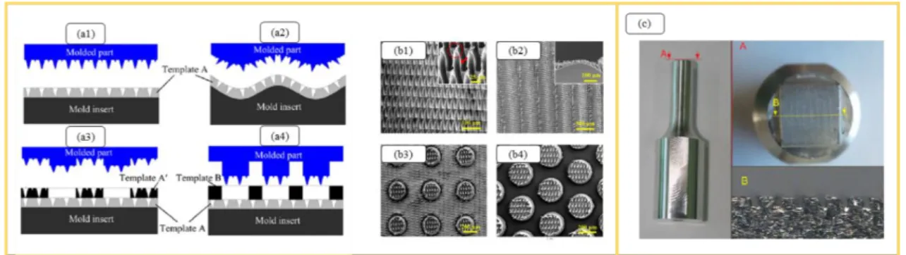 Figure 1.10. (a1, a2, a3, and a4) Schematic of different hierarchical structures and (b1, b2, b3, and b4)  corresponding SEM images of the replicated PP surfaces [62]