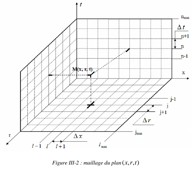 Figure III-2 : maillage du plan ( x , r , t )