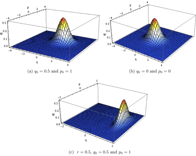 Figure 1.1: Wigner function W (q, p) for (a) single mode coherent state, (b) vacuum state and (c) single mode squeezed state.