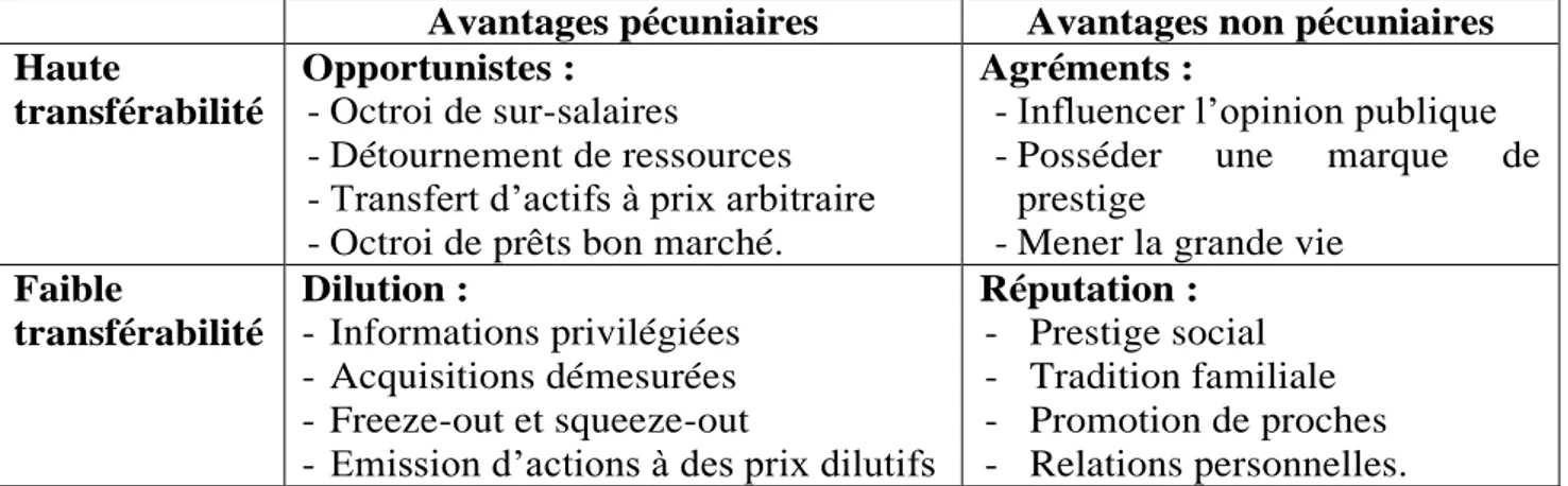 Tableau 6: Typologie des profits personnels liés au contrôle. 