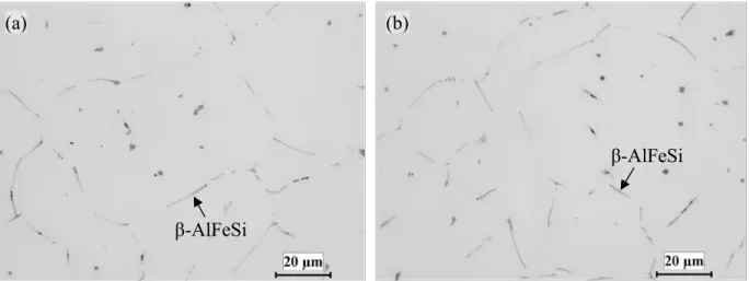 Fig. 1 As-cast microstructures of (a) the base alloy and (b) 0.1Mn alloy 