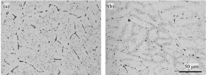 Fig. 5 Microstructures of (a) base alloy and (b) 0.1Mn alloy homogenized at 545 °C for 6  h with 100 °C/h cooling