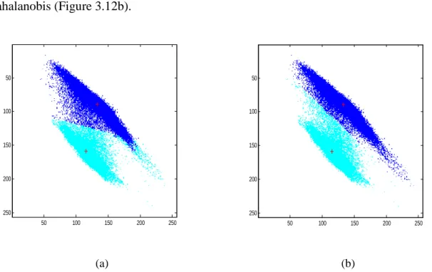 Fig. 3.12 Classification par l’histogramme 2D (plan RG): (a) Les classes construites en utilisant la distance euclidienne, (b) Les classes construites en utilisant la distance de Mahalanobis