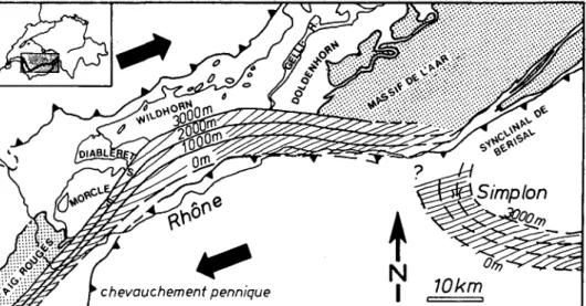 Fig. 11. Zone de cisaillement Simplon-Rhône avec les isohypses de la base de la zone. On a figuré sur ce plan les  directions d'étirement tardif, obtenues en interprétant les mesures de déformation
