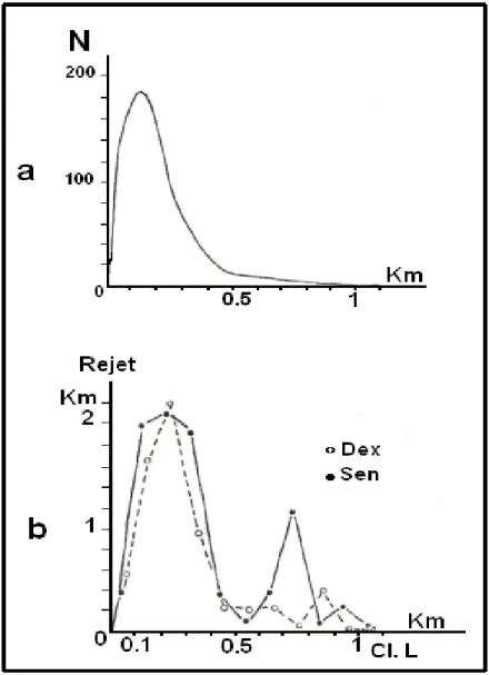 Fig. 30- Loi de distribution  a- des fréquences et b- des rejets horizontaux  par                  des classes de longueur de la fracturation totale.