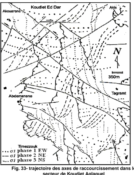 Fig. 33- trajectoire des axes de raccourcissement dans le  secteur de Koudiet Aglaguel 