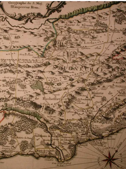 Fig. 18   Route partant de Peseux et rejoignant Le Locle selon la carte dite &#34;de Merveilleux&#34; (seconde moitié du XVIII e  siècle).