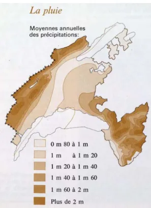 Fig. 25   Moyenne annuelle des précipitation, carte publiée dans l'Encyclopédie illustrée du Pays de Vaud, tome 2, p