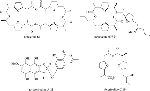 Figure 4 : Polycétides de même classe : paramycine-607, nonactine, feigrisolide C.  Exemple de polycétide aromatique : la griseorhodine A 