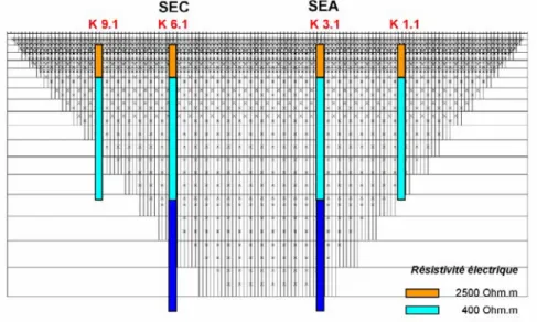 Figure 3.40: Blocs du modèle avec fixation de la résistivité en 10 régions 