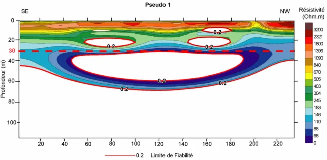 Figure 3.49: Peudo 1 (inetrélectrode 5 m) inversé avec index DOI et limite de fiabilité