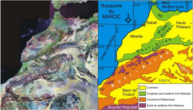 Figure 1. Situation de l’Anti-Atlas du Maroc. Gauche : mosaïque de vue satellite. Droite : carte  géologique simplifiée