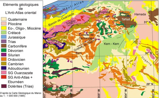 Figure 5. Eléments géologiques de l’Anti-Atlas oriental. D’après la Carte Géologique du Maroc  au 1 : 1'000'000 (1985)