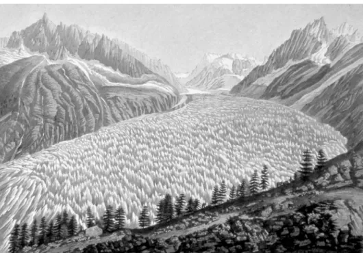 Fig. 1  Vue de la vallée de glace de Chamouni prise du sommet du  Montenvert par Marc Théodore Bourrit (XVIIIe siècle)
