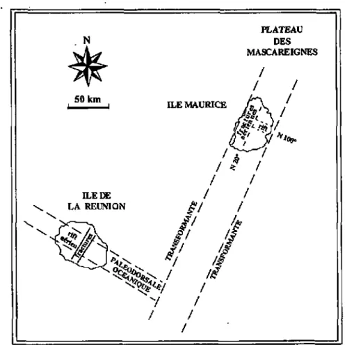 figure 2.2 : Relations structurales entre l'île Maurice, l'île de la Réunion et les accidents du fond 