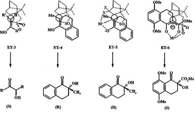 Figure 17. Etats de transition lors de l'approche de (+)-28a-c sur un énolate cyclique ou  acyclique' 91 ' 100 ' 101 ' 1031 