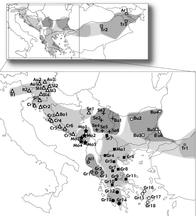 Figure  1 Localisation  des  60 Vipera  ammodytes analysées dans cette étude. Les symboles correspondent aux