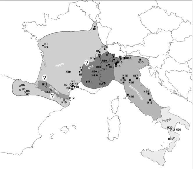 Figure 1 Localisation des échantillons de Vipera aspis analysés dans cette étude. Les distributions