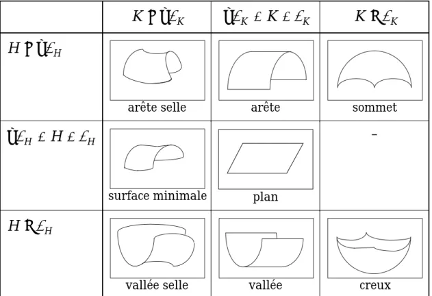 Table 3.1: Types de surface définis par les signes des courbures gaussienne et moyenne