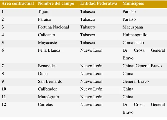 Tabla  Áreas contractuales de la Tercera Convocatoria de la Ronda 1, por entidad federativa  y municipio  240